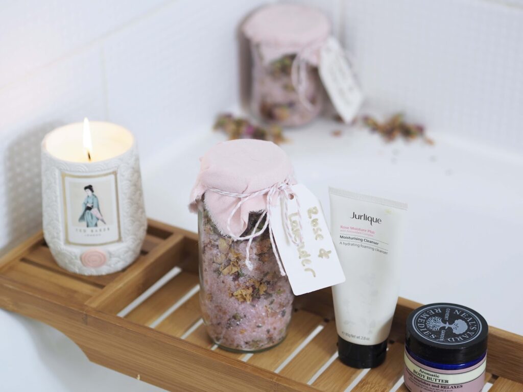 DIY gift rose and lavender bath salts with own package and label homemade bath salts